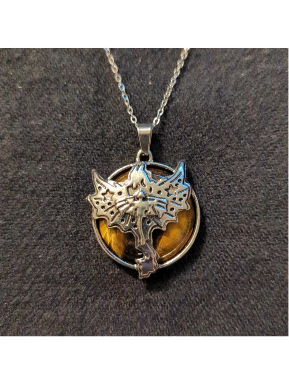 Silver Tone Brown Tiger's Eye Gemstone Dragon Pendant Statement Necklace